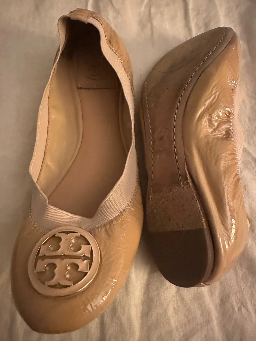 Tory Burch Beige Leather Logo Ballet Flats
